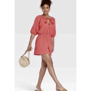 Knox Rose Short Sleeve Gauze Romper Coral Size Medium Pockets Bohemian C…
